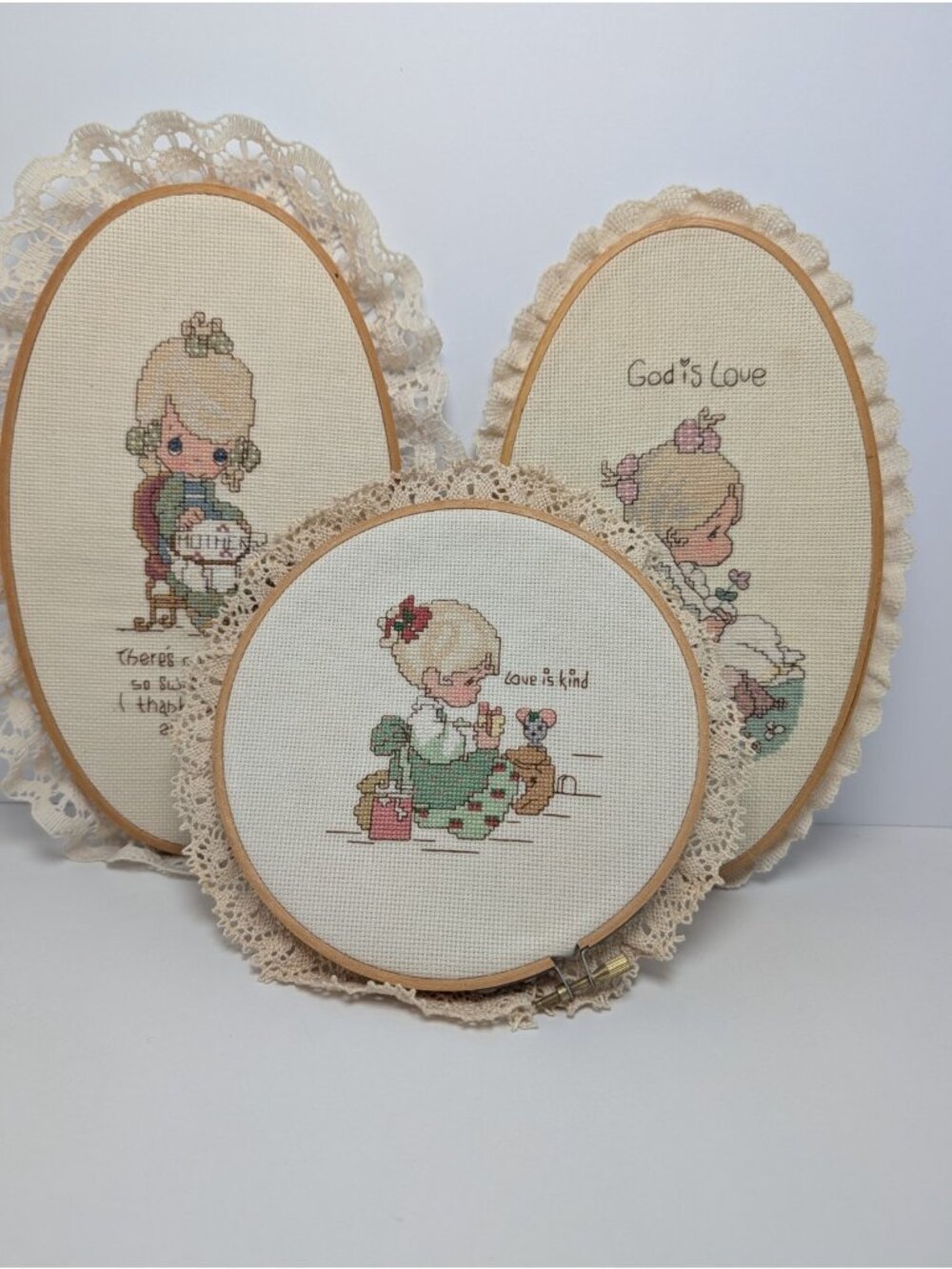 Vintage Framed Complete Cross Stitch Precious Moments Love is Kind Set With Lace